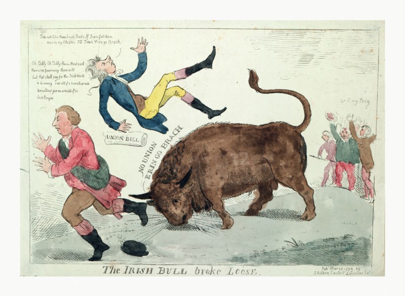 The Irish bull broke loose, Cruikshank, Isaac, 1756?-1811?, engraving 1799,  the Irish Bull tossing William Pitt into the air and about to do the same to Lord Dundas who runs to the left; on the far right, those opposed to Pitt's Union Bill cheer on the bull, Go it my Boy.
