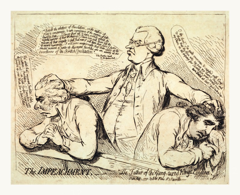 The impeachment, or The father of the gang turned Kings evidence, Gillray, James, 1756-1815, artist, engraving 1791, Edmund Burke standing behind and with his hands on the heads of Richard B. Sheridan and Charles James Fox who bow before him over a railing, perhaps before Parliament. Burke says, Behold the abettors of Revolutions, see the authors of Plots & conspiracies, & take cognizance of the enemies of both Church & State ... who are aiming at the Overthrow of the British Constitution.