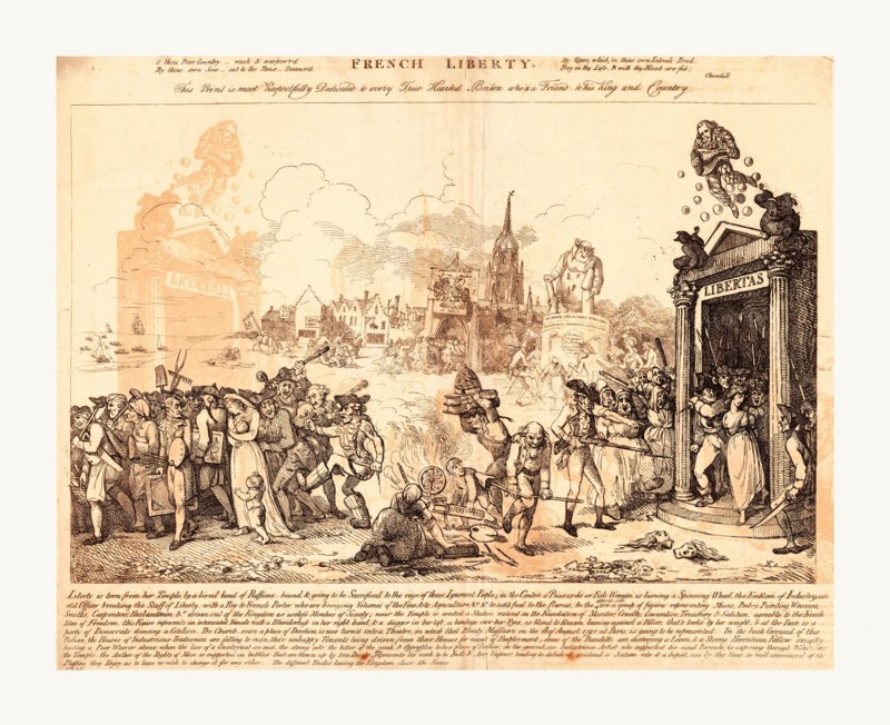 French liberty, Nixon, John, -1818, artist, [1793 July], on the right Liberty is torn from her Temple by a hired band of Ruffians bound & going to be Sacrificed to the rage of these Ignorant People; ... and on the left, artists and artisans, a mother with two children, and others are driven away by booted thugs with clubs, at center a spinning wheel burns, a boy adds a book Fine Arts to the fire, and an old man breaks in half the staff of Liberty. Additional scenes of merriment and chaos take place in the background.