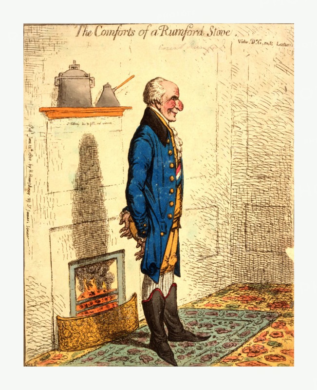 The comforts of a Rumford stove Vide Dr. G-rn-ts lectures /, Gillray, James, 1756-1815, engraving 1800, full-length view of Count Rumford (Benjamin Thompson), inventor of the Rumford stove, standing with his back to the fire, his coat-tails spread to permit enjoyment from the warmth.
