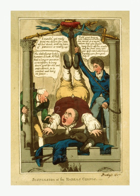 Suspension of the habeas corpus, 1817, John Bull suspended by his feet between two columns labeled Lords and Commons.