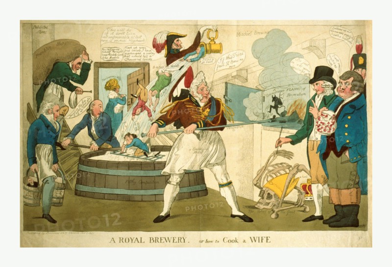 A royal brewery, or how to cook a wife, engraving 1821, George IV, a conning stoker, of some Mischief brewing, stirring up the Flames of Persecution, with vengeance, saying, If this trial fail I'l brew no more. Behind him is a vat Filthy composition into which flows a pure stream to expose the secrets which spills on a couple in an embrace, How do you like it - non mi Ricordo. Passing an open door is Caroline, The brewers wife. On the right are three men, one says, Be just in all your dealings. Another, holding a pitcher labeled a trial says, I can't swallow this, it is all froth. The third says, I wonder at our commander engaging in such a business.