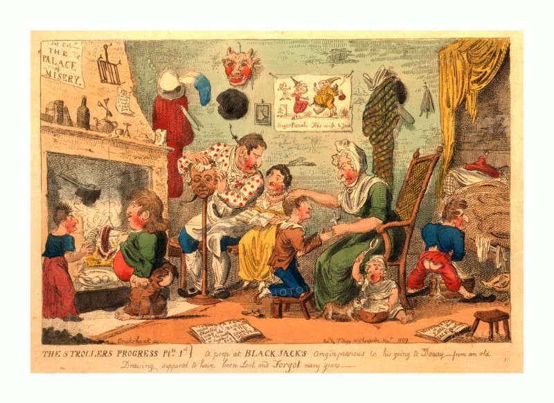 The strollers progress plte 1st. A peep at Black Jack's origin previous to his going to Douay, Cruikshank, invt., engraving 1809, Scene in a poverty-stricken room, in which John Philip Kemble's father, Roger, as a barber, dresses a wig, while he (John) talks to his mother; Sarah, Stephen, Charles, and a younger sister are variously occupied.