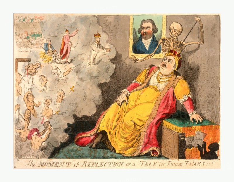 The moment of reflection or a tale for future times, Cruikshank, Isaac, 1764 1811, engraving 1796, Catherine II horrified at the visions that beset her at the moment of death; a cloud entering at left depicts the many victims of her wrath; a skeleton, Death, stands behind her ready to plunge his spear and send her cloven-hoofed spirit into the hands of two grinning demons waiting in the flames of hell; a frightened Charles Fox witnesses the visions from a portrait on the wall behind her.