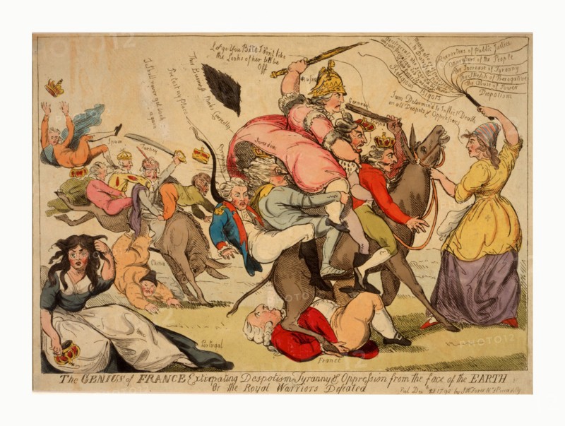 The genius of France extirpating despotism tyranny and oppression from the face of the earth Or the royal warriors defeated, Cruikshank, Isaac, 1764 1811, engraving 1792, a woman wearing a liberty cap, representing the genius of France, holding a cat o' nine tails in one hand and the reins of a donkey in the other; on this donkey and another bucking in the background are several monarchs identified as Prussia, Germany, Russia, Sweden, Brunswick, Turkey, Spain, and, falling to the ground, China; Louis XVI lies on the ground beneath the donkey held by the woman; in the left foreground, sitting on the ground tearing her hair is Marie I of Portugal.