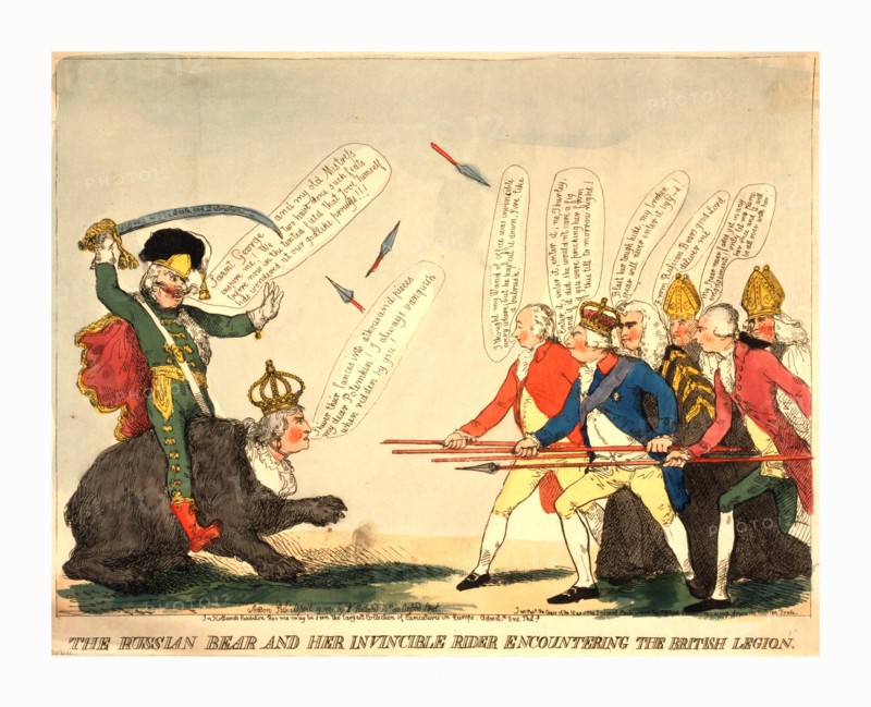 The Russian bear and her invincible rider encountering the British legion, engraving 1791, Potemkin, with sword raised overhead and wearing hussar's uniform, riding Catherine the Great who is dressed as a black bear, they approach George III and his ministers, Pitt, Salisbury, and Thurlow, who are carrying spears, three of which have had their points broken off; behind them stand two bishops.