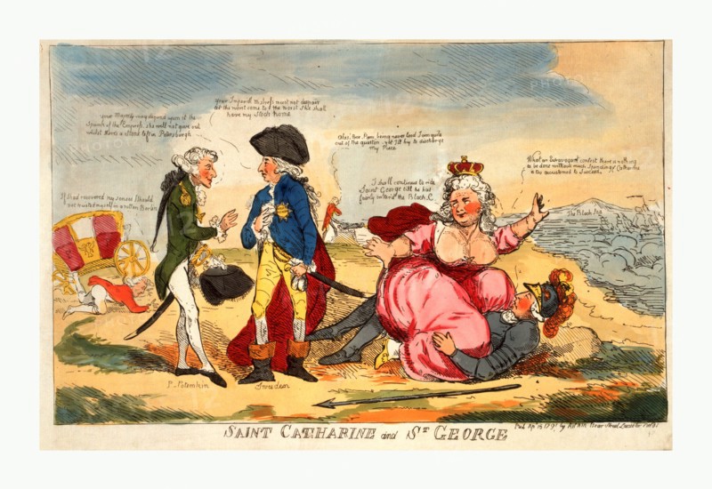 Saint Catharine and St. George, engraving 1791, Potemkin addressing a man identified as Sweden with his back to Catherine II as she suggestively mounts St. George who is dressed as a knight representing George III.