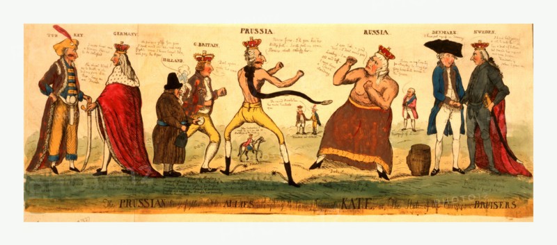 The Prussian prize-fighter and his allies attempting to tame imperial Kate, or, the state of the European bursiers, engraving 1791, Catherine II and Frederick William II as pugilists, stripped to the waist with fists raised, on either side stand other European heads of state (behind Prussia are George III standing with Holland, Selim III and Leopold II represent Turkey and Germany, behind Russia are Christian VII and Gustavus III representing Denmark and Sweden), other figures, reduced in size as their stature is reduced, appear in close proximity to the boxers, the king of Poland is between the wide-spread legs of Prussia (fearing partition), Louis XVI and Charles IV representing France and Spain are positioned in the background between Catherine and Frederick, and the Marquis of L[ansdowne] stands to the right of Catherine and behind a cask labeled Nants.