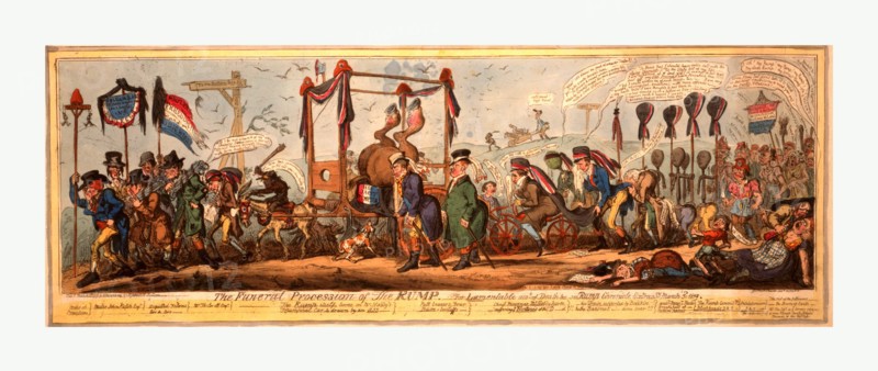 The funeral procession of the rump, Cruikshank, George, 1792-1878, artist, engraving 1819, a satire on the defeat of Hobhouse by Lamb at the Westminster Election. The Rump, or remnant of Reformers, is represented by the hind-quarters of a cart-horse, with its hoofs in the air, carried on a knacker's cart, the front of which is formed by a guillotine. The procession is headed by Mister John Ketch, Esqr, the hangman.