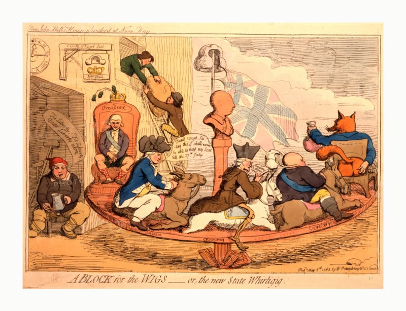 A block for the wigs or, the new state whirligig, Gillray, James, 1756-1815, artist, engraving 1783, a carousel on which sit government ministers Charles Fox, Lord North, Edmund Burke and Admiral Keppel. Beam in the center of the carousel platform is a pillar topped by a bust of King George III, a wig and Union Jack suspended over the bust. In the background two robbers lower a large bundle from the window of a building. An inscription above the cartoon reads Poor John Bull's house plunder'd at noon day.