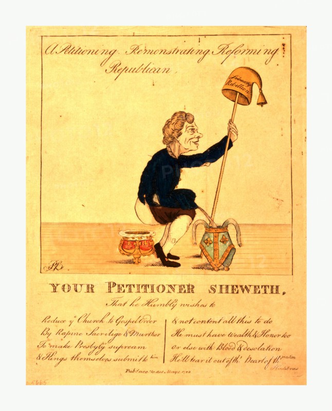 A petitioning, remonstrating, reforming, republican, R.S., 1782, a Republican squatting over an upturned crown, urinating into an upturned bishop's mitre. He supports himself with a staff on which is a liberty cap with the word liberty crossed out and rebellion written underneath.  A doggrel Your petitioner sheweth is written underneath the image.