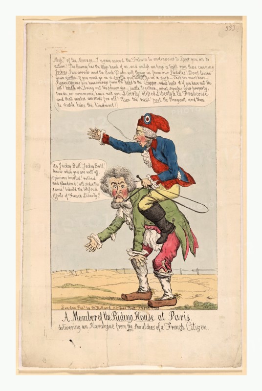 Member of the riding house at Paris, delivering an harangue from the shoulders of a French citizen, Holland, William, active 1782 1817, engraving 1799, a member of the new French aristocracy wearing a Phrygian or Liberty cap with circular emblem, riding on the back of a French citizen; he implores, Messrs. of the menage - I again ascend the Tribune to endeavour to spur you on to action! The enemy has the whip hand of us, and unless we keep a tight rein those cunning jockies Suwarrow and the Arch Duke will throw us from our saddles, In 1799, Russian forces under Field Marshal Aleksandr Vasilevich Suvorov defeated the French in Italy.