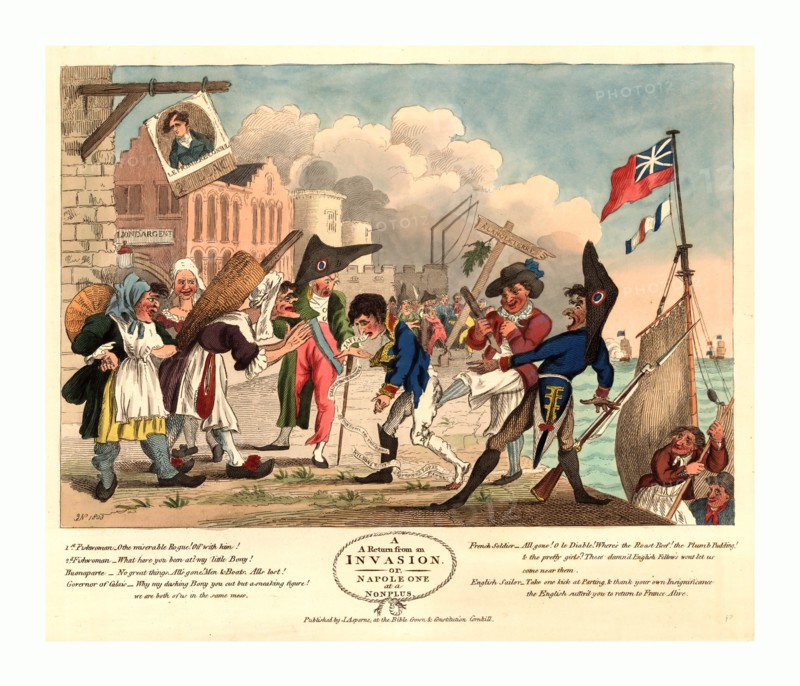 A return from an invasion, or, Napoleon at a nonplus, engraving 1803, Napoleon I coming ashore at Calais, France, defeated at every turn, without men and ships, to face the ridicule of fisherwomen, the governor, a French soldier, and an English sailor who says, Take one kick at parting & thank your own insignificance the English suffer'd you to return to France alive.