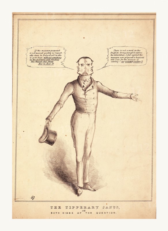 The Tipperary janus, or both sides of the question, IB., [ca. 1831], 1 print : lithograph., Print shows a two-faced Irishman speaking out of both sides for and against a measure proposed for British law.