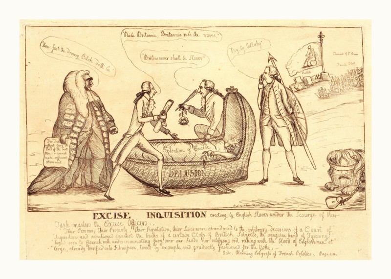 Excise inquisition erecting by English slaves under the scourge of their task-masters the excise officers, Dent, William, active 1783-1793, artist, England, en sanguine engraving 1790, a British satire on an attempt by William Pitt and George Rose to transfer to excise law certain import duties; standing in opposition is Edward Thurlow. The central image shows Britannia, wrapped in a blanket labeled Extension of Excise, being rocked to sleep in a cradle by Pitt and Rose. Another man, possibly William Mainwaring, is holding Britannia's spear and shield which is labeled Maner and saying By, by, lullaby; to the right of his feet is the British lion, blindfolded and chained to the ground. The destruction of the Bastille is shown in the upper right corner; by depicting the Bastille in a state of ruin, reference is made to the recent liberation of the French, and by implication, to the tyranny under which the British continue to live.