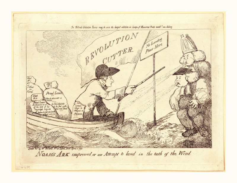 Noah's Ark improved, or an attempt to land in the teeth of the wind, Holland, William, active 1782-1817, en sanguine engraving 1790,  British satire on Charles Stanhope's Toleration Bill of 1789 which was an attempt to remove the yoke of religious obligations on persons seeking public office (cf. Test and Corporation Acts). Despite the fact that a person seeking a position in the clergy was bound by the same obligations, the clergy was opposed to passage of Stanhope's bill, as is shown in this image in which two bishops, standing on shore, prevent Stanhope and his Ark, filled with three sacks bearing labels pertaining to the Penal Laws, from landing.