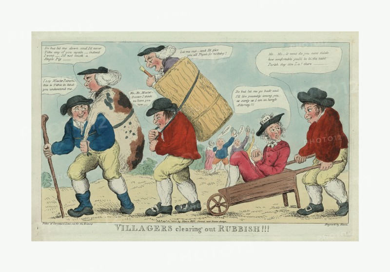Villagers clearing out rubbish!!! engrav'd by Hixon, London, engraving 1800, three villagers transporting a parson, a doctor, and a lawyer to another parish to cries of Huzza from other villagers.