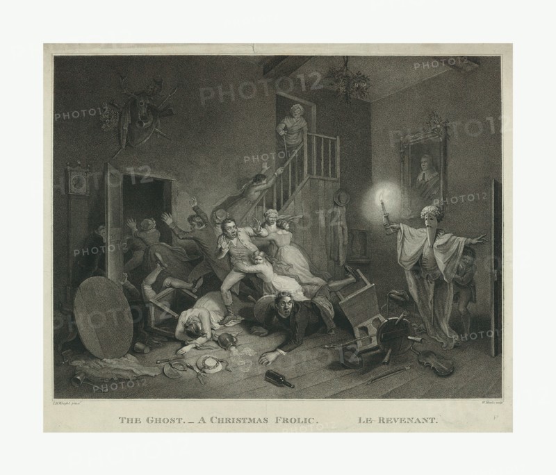 The ghost  a Christmas frolic  le revenant, en sanguine engraving 1814, a boy with a mannequin ghost holding a candle frightens several guests at an intimate party.