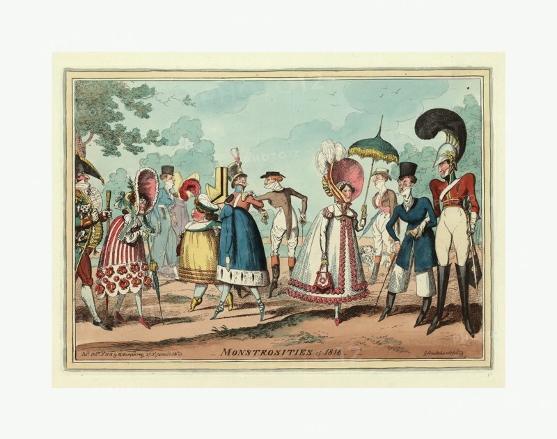 Monstrosities of 1818, engraving 1818, unusual clothing styles in men's and women's fashions, particularly dresses and hats.