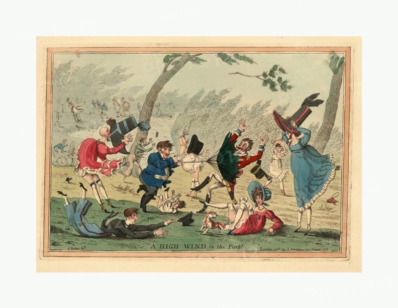 A high wind in the park!  engraving 1819, a strong wind blowing down men, women, and children, catching up dresses, hats, and umbrellas, and tearing limbs from trees.