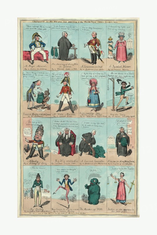 Characters in the new piece now poforming at the Theatre Royal Cotten Garden 1820, 16 vignettes regarding the collection of evidence, the infamous green bags documenting the affair between Caroline and Bartolomeo Bergami, for the attempt by George IV to divorce his wife.