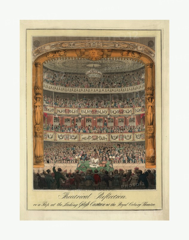 Theatrical reflection, or a peep at the looking glass curtain at the Royal Coburg Theatre, engraving 1820, the mirrored curtain reflecting the audience at the Royal Coburg Theatre (Old Vic Theatre) and Ramo Samee, a juggler, magician, and sword swallower, juggling on stage.