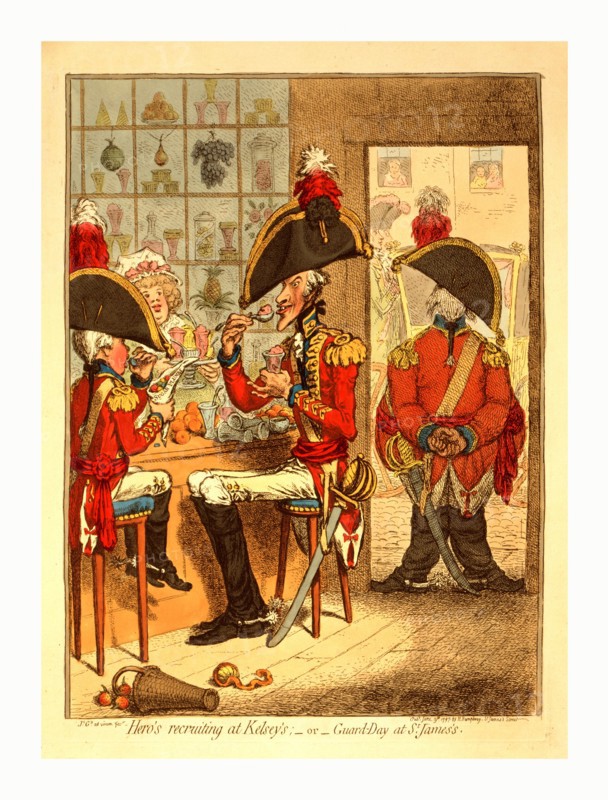 Hero's recruiting at Kelsey's or Guard Day at St. James's, Gillray, James, 1756-1815, engraver, London, engraving 1797, Two officers, on a tall, lanky, elderly man and the other a child, sit facing each other eating sweets at a confectioner's. A third officer, fat and knock-kneed, stands guard in the doorway. The windows of the shop are full of various fruits and sweets.