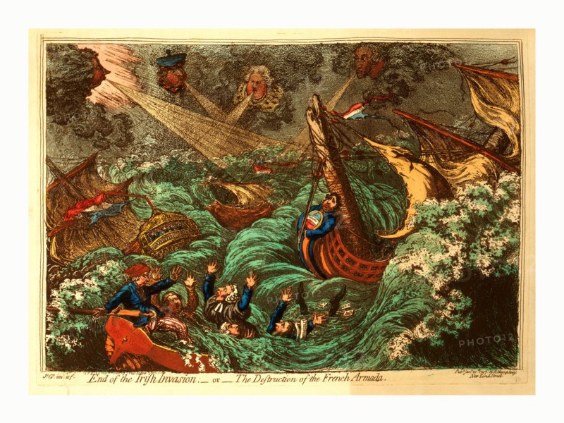 End of the Irish Invasion or  the Destruction of the French Armada, Gillray, James, 1756-1815, engraver, London, engraving 1797, french warships being tossed about during a storm blown up by Pitt, Dundas, Grenville and Windham, whose heads appear from the clouds. Charles Fox is the figurehead on Le Revolutionaire which is floundering with broken mast. The Revolutionary Jolly Boat is being swamped, throwing Sheridan, Hall, Erskine, M.A. Taylor and Thelwall overboard.