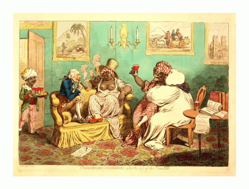 Philanthropic Consolations, after the loss of the Slave-Bill, Gillray, James, 1756-1815, engraver, 1796 , 1 print : etching, hand-colored, William Wilberforce and Samuel Horsley, Bishop of Rochester, cavort with two black women in a well-furnished room. Wilberforce and a woman, wearing a print dress with her breasts exposed, sit on a couch smoking cheroots. Horsely, in his bishop's robes, embraces a woman sitting on his knee holding a wine glass. A black servant boy brings in a tray of filled glasses.
