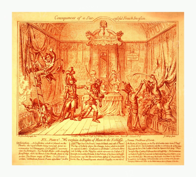 Consequences of a successful French invasion, , artist, [London] : Js. Gillray, 1798 March 1st., en sanguine engraving, French soldiers pillaging and destroying the House of Lords. A guillotine takes the place of the throne and above it hangs a Liberty Cap. A French soldier carries away the mace while others rip and burn the tapestries showing the victory of the British Armada.