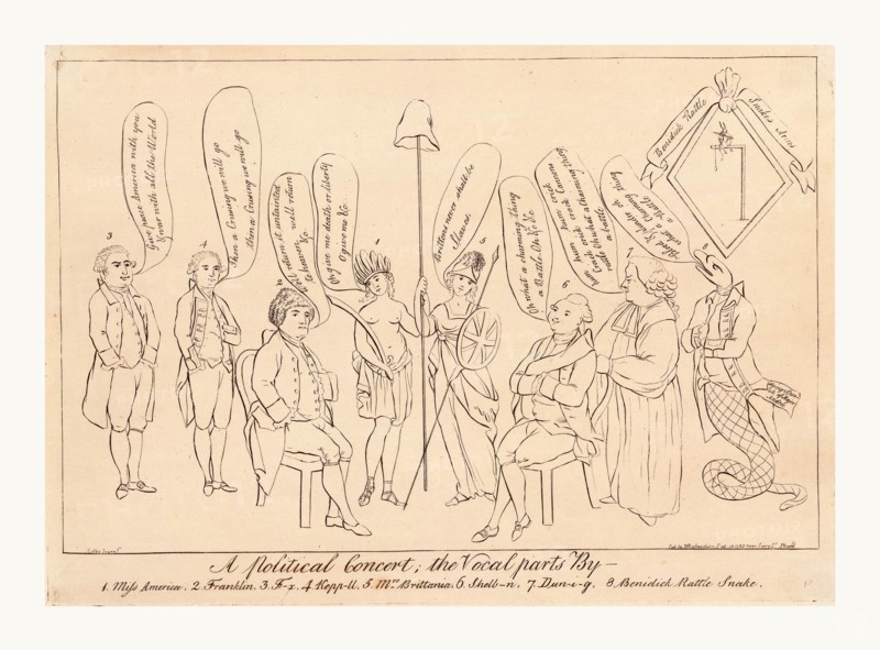 A political concert; the vocal parts by 1. Miss America, 2. Franklin, 3. F--x, 4. Kepp--ll, 5. Mrs. Britania, 6. Shelb--n, 7. Dun--i--g, 8. Benidick Rattle Snake, Colley, Thomas, active 1780-1783, artist, [London],  1783, engraving, a Native woman representing America and Britannia standing in the center holding a pole topped with a liberty cap, they are joined by Benjamin Franklin, Charles James Fox, Augustus Keppel, Lord Shelburne, John Dunning, and a rattlesnake as Benedict Arnold standing beneath a picture of a gallows