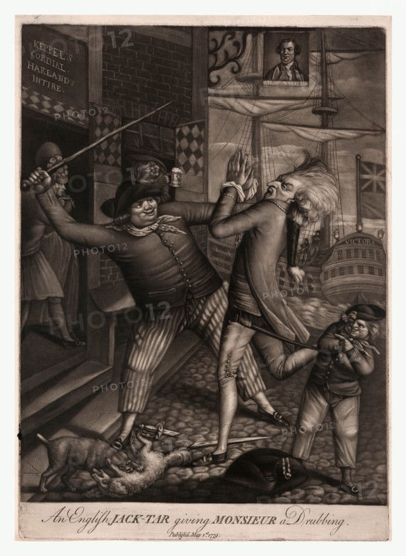 An English jack-tar giving monsieur a drubbing, London : Robert Sayer, en sanguine engraving 1779,  The Victory is associated with the French and British naval battle off Ushant in July 1778. The reference to Keppler is acrimonious, as he was court martialled as the result of his conduct during battle. Harland was Keppel's second in command. Sayer sides with Keppel, who had been set up by Sir Hugh Palliser following the stalemate of a battle. Keppel, who won acquittal without comment, was championed by the common sailors.