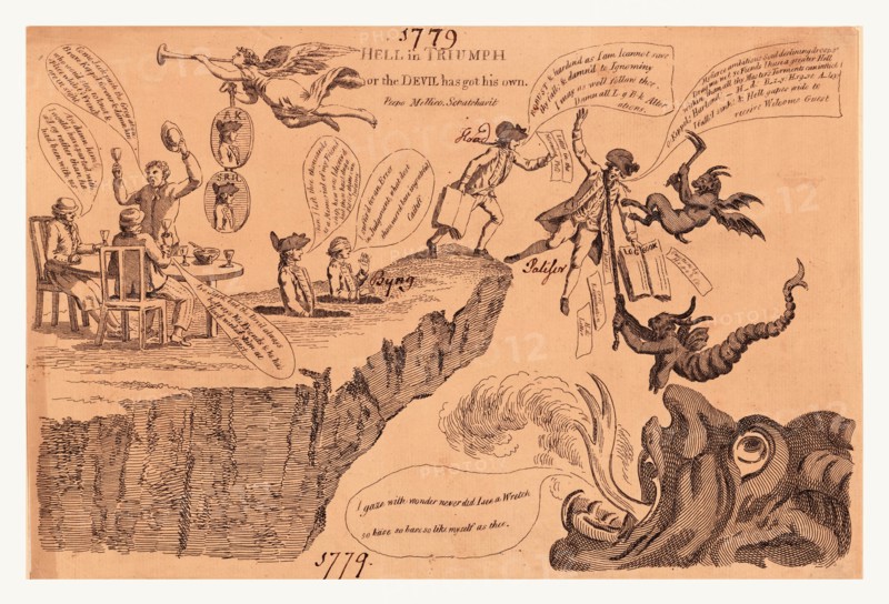 Hell in triumph or The devil has got his own, Peepo Mellico, scratchavit., en sanguine engraving  1779, Sir Hugh Palliser, a naval admiral and accuser of Admiral Augustus Keppel following the inconclusive battle off the coast of Ushant in 1778, being pulled off a cliff by demons toward the open mouth of the Devil. During Keppel's trial he was compared to Admiral John Byng, shown blindfolded at center, who was executed on charges for losing Minorca in 1756. Also shown is Alexander Hood, an admiral in Palliser's fleet, holding a log-book; he testified in defense of Keppel. Fame flies overhead bearing two medallions, A.K. for Augustus Keppel, and S.R.H. possibly for Admiral Samuel Hood, brother of Alexander Hood.