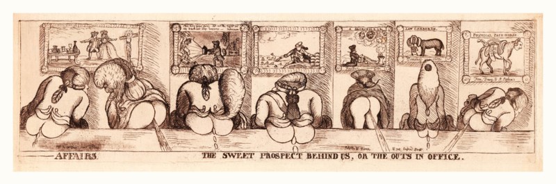 Affairs. The sweet prospect behind us, or The outs in office, Dent, William, active 1783-1793, publisher, en sanguine engraving 1789, rear views of the Prince of Wales, Maria Fitzherbert, Charles James Fox, Lord North, Edmund Burke, a prospective Lord Chancellor, and Richard B. Sheridan, with buttocks exposed, defecating. On the wall in the background are paintings depicting each of the sitters.