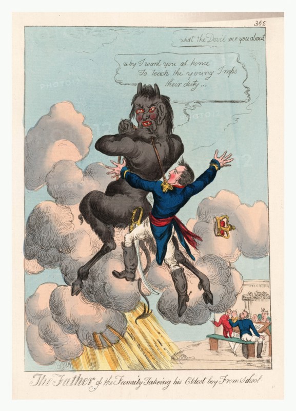 The father of the family takeing [sic] his eldest boy from school, [England : Publisher not named, between 1813 and 1815], 1 print : etching, hand-colored ; 35 x 25 cm (plate), Print shows Napoleon being taken away from school by the devil ascending into the sky.