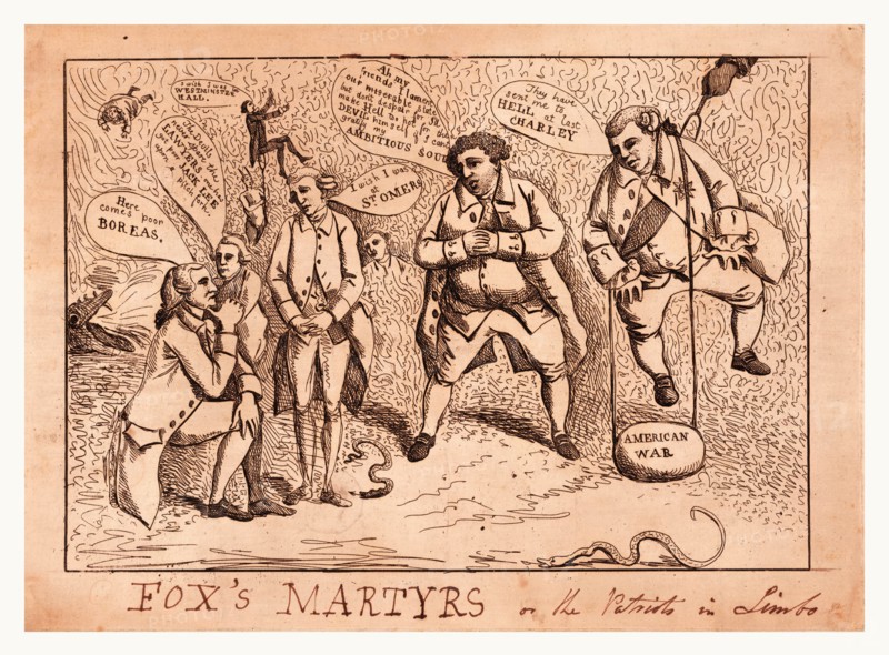 Fox's martyrs or The patriots in limbo, [England : Publisher not named, March 1784], 1 print : etching ; 25.2 x 34.9 cm (plate), Print shows Charles James Fox's martyrs during the American Revolution. On the right, Frederick, Lord North, hangs from a devil's pitchfork and wears a large stone labeled American War from his neck. In the center, Charles Fox apologizes for his actions, in the aftermath of the 1784 general election. The 1784 Parliamentary election was the first national election. The Fox-North coalition came under attack by George III and William Pitt the Younger. Pitt remained Prime Minister and those members of Parliament who continued to support Fox and North became known as Fox's Martyrs in reference to John Foxe's Book of Martyrs (1563). This satire lays the blame for the Whig's loss on the American Revolution.
