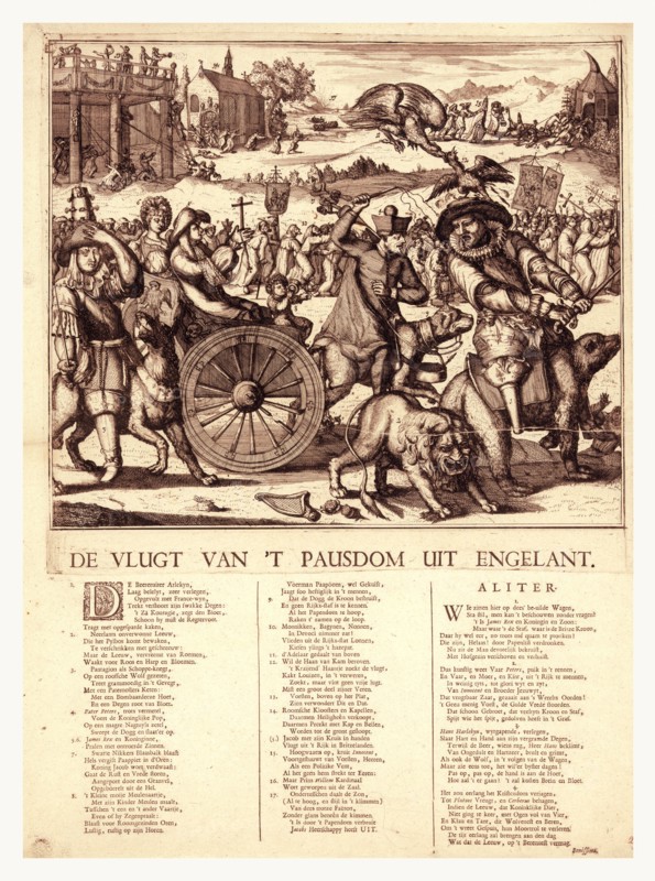 De vlugt van 't pausdom uit Engelant, Hooghe, Romeyn de, 1645-1708, artist, [1689], 1 print (broadside) : etching with letterpress., Print shows Louis XIV, with peg leg, riding a bear, leading the flight of catholicism from England; he moves to draw his sword to strike a lion, as a cock on his head is attacked by an eagle. Father Petre follows riding a large dog harnessed to a wagon carrying the royal family, James II, the queen, and James Francis, their infant son, known as the Pretender, holding a windmill. The dog defecates on the crown. A black imp with bellows harasses Father Petre. Pantagion with sword drawn and bomb shooting hat brings up the rear riding a wolf. In the middle distance is a long line of priests and monks fleeing London. In the upper right corner, Pope Innocent XI wheels in a bishop.
