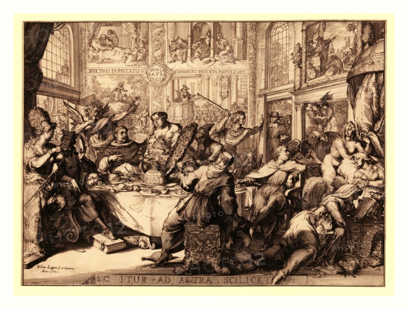 Sic itur ad astra scilicet, Hooghe, Romeyn de, 1645-1708, artist, 1681., 1 print : etching., Print shows scene in a bawdy house of pleasure frequented by Father Petre and other Jesuits where they mingle and dine with such figures as: Wantonness, Avarice, Sloth, Fury, and Vanity. Priests engage in lascivious acts and steal money from a dying person, a Protestant minister is driven away from the door, a fox delivers a sermon from a pulpit, and Jesuits help themselves to treasures in India.