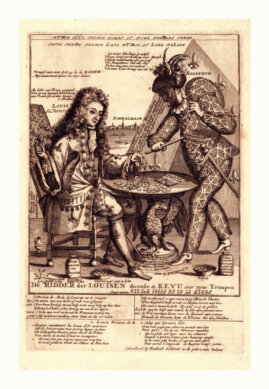 De ridder der Louisen doende de revu over zyne troupen, Goldsmit, Fredrich, artist, en sanguine engraving 1705, on the left, Louis, the Duke of Burgundy, identified as Louis Le Petit, sitting at a table outside a tent. In his right hand, he appears to be holding a Louis d'Or coin, and with his left hand he holds a balance above other coins on the table (the table top is supported by an eagle). An essayeur, identified as Celuy qui epreuve l'Or, is standing opposite of Louis, he holds a triangle from which coins dangle. Fleurs-de-lis decorate Louis's clothing, and the assayer's clothing shows the design of a cross saltire and orle, possibily representing the House of Bourbon or Navarre.