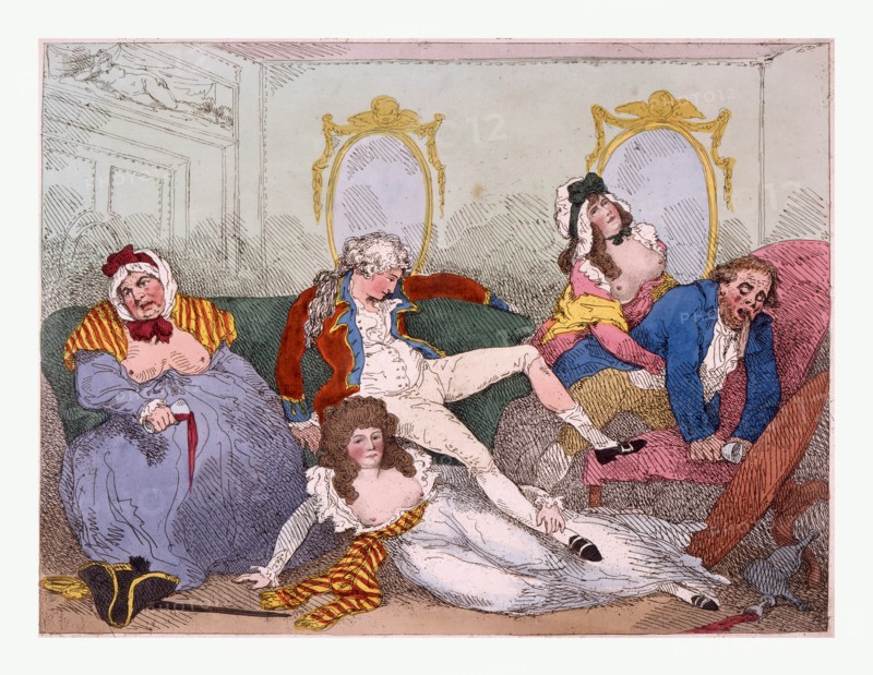 Prodigal son, scene in a bordello where the Prince of Wales lounges on a sofa next to a large, bare-breasted woman, probably representing Charles James Fox. A second bare-breasted woman,lounges at the feet of the Prince, while a third holds a man who is leaning on a chair vomiting.