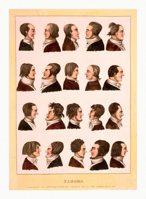 Engraving 1811, profile portraits of 20 men, called nabobs, who are representatives of the East India Company that have returned home with newly acquired wealth, generally through dubious or corrupt means.