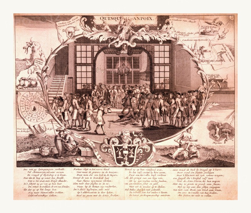 Quinquanpolix, en sanguine engraving a Dutch satire on John Law of Lauriston, promoter of the Mississippi Company and other bubble schemes of the year 1720; it is No. 21 in vol. i. of Het Groote Tafereel der Dwaasheid, a collection of Dutch satires on the Mississippi, South Sea, and other companies