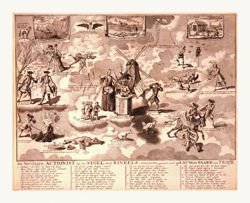 De verslagen actionist in de stoel met rinkels, overreeden geweest van't geLauwerd Paard van Troje, en sanguine engraving 1720, satire on the South Sea Company and other bubble schemes of 1720, and shortly before, is No. 38 in vol. i. of Het Groote Tafereel der Dwaasheid, a collection of Dutch satires on the schemes in question