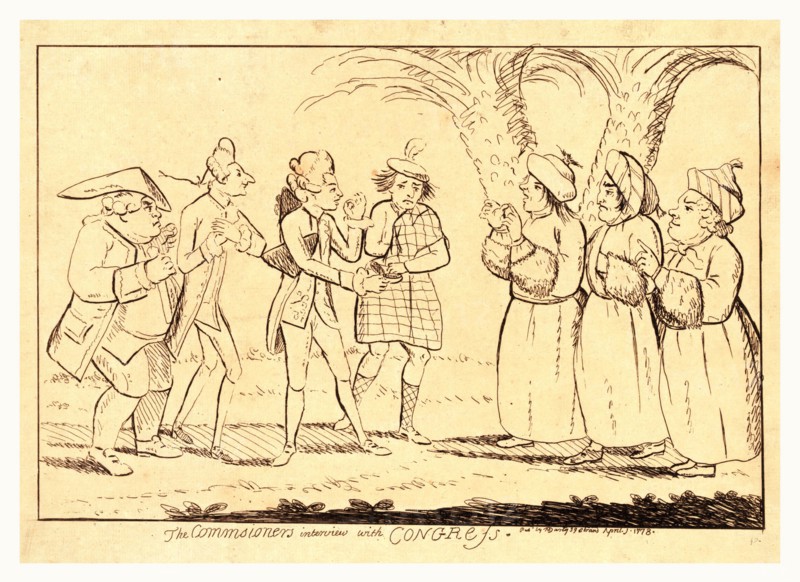 The commissioner's interview with congress, Darly, Matthew, active 1741-1780, en sanguine engraving 1778, three members of congress standing beneath palm trees outlining their demands for peace to three members of the peace commission, the Earl of Carlisle, Baron Auckland, and George Johnstone. Lord Bute is standing in the background between the two groups.