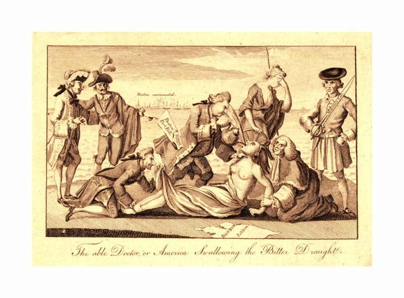The able doctor, or, America swallowing the bitter draught, en sanguine engraving  shows Lord North, with the Boston Port Bill extending from a pocket, forcing tea (the Intolerable Acts) down the throat of a partially draped Native female figure representing America whose arms are restrained by Lord Mansfield, while Lord Sandwich, a notorious womanizer, restrains her feet and peeks up her skirt. Britannia, standing behind America, turns away and shields her face with her left hand.