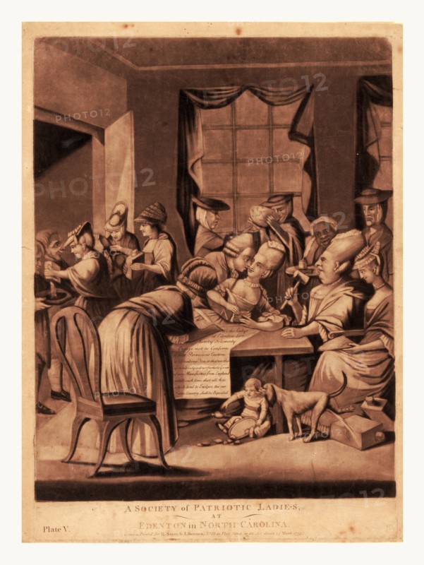 A society of patriotic ladies, at Edenton in North Carolina, en sanguine engraving shows satire of American women from Edenton, North Carolina, pledging to boycott English tea in response to Continental Congress resolution in 1774 to boycott English goods.