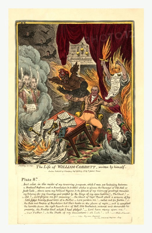 The life of William Cobbett, engraving 1809, Cobbett surrounded by flames and beset by ghosts, starts back in his chair, overturning his writing table and dropping his pen