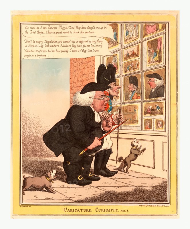 Caricature curiosity, Caricature of a porcine clergyman and a skinny volunteer officer examining caricatures of themselves in what is probably William Holland's printing shop window. Parson Puzzletest is furious, but his companion, Capt. Ruiz, reacts with good humour.
