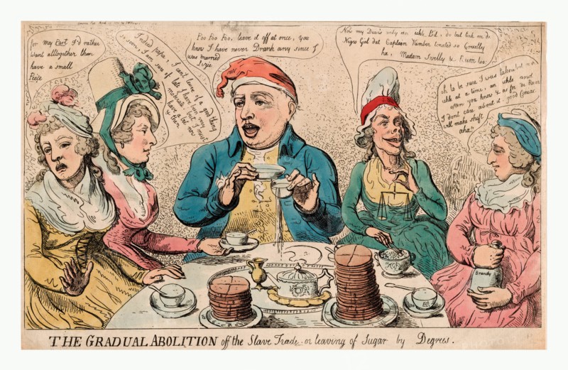 The gradual abolition off the slave trade or leaving of sugar by degrees, engraving 1792, George III sitting at a table with the Queen and two of his daughters, and the Queen's Keeper of the Robes, Juliana Elizabeth Schwellenbergen holding a bottle of Brandy, discussing the use of sugar in moderation. Princess Elizabeth states that of late I have been very moderate. But I must have a bit now & then; while her sister would rather want alltogether [sic] than have a small Piece. The title is a play on the words of and off; the abolition of the slave trade or leaving off sugar by degrees.