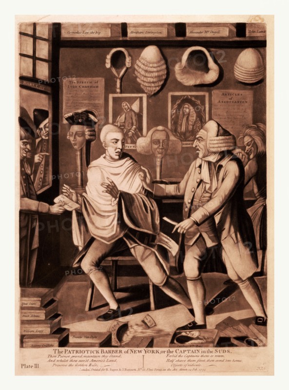 The patriotick barber of New York, or the Captain in the suds, en sanguine engraving, a New York barber refusing to finish shaving a customer after learning of his British identity.